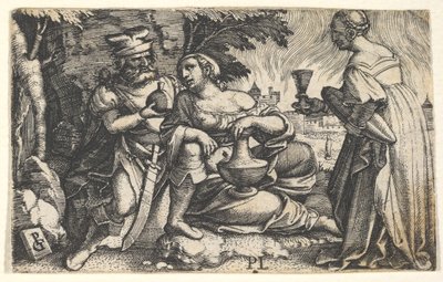 Lot and his daughters: a daughter at center rests her right arm on Lot