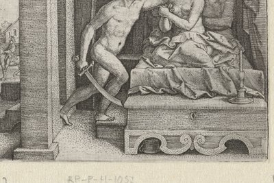 Sextus rapes Lucretia under threat with sword, Stories from early Roman history (series title) by Georg Pencz
