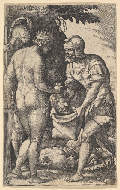 Tomyris, Shown Nude from Behind, Placing the Head of Cyrus into a Sack Held by a Soldier by Georg Pencz