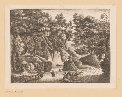 Waterfall in Forest with Two Fishermen in Foreground by Georg Wolfgang Knorr (possibly)