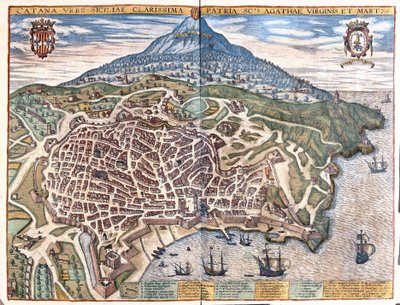 Catania, with Etna in the background, Sicily, Italy (engraving) by Georg Braun and Hogenberg Franz