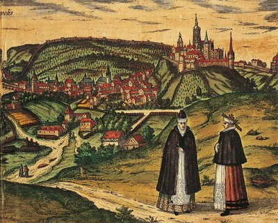 Czech Republic, Prague, View of the city with the citadel in the background, color engraving from Civitates Orbis Terrarum by Georg Braun (1541-1622) and Franz Hogenberg (1535-1590) by Georg Braun and Hogenberg Franz