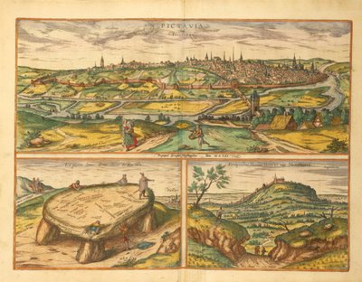 Dolmen near Poitiers and city of Poitiers and Montherre by Georg Braun and Hogenberg Franz