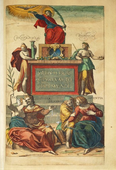 Frontispiece of volume IV depicting allegorical figures by Georg Braun and Hogenberg Franz