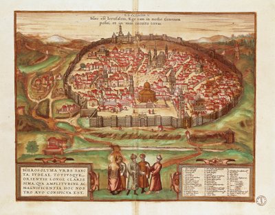 Israel and Palestine, City of Jerusalem, from Civitates Orbis Terrarum, Color Engraving by Georg Braun and Hogenberg Franz