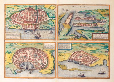 Map of Cagliari, Malta, Rhodes and Famagusta from Civitates Orbis Terrarum by Georg Braun and Hogenberg Franz