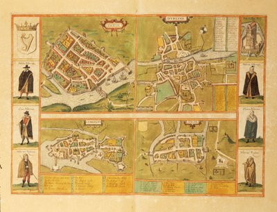 Map of Galway, Dublin, Limerick and Cork from Civitates Orbis Terrarum by Georg Braun and Hogenberg Franz