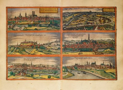 Map of Munich, Ingolstadt, Freising, Nordlingen, Regensburg and Straubing, Germany, from Civitates Orbis Terrarum by Georg Braun by Georg Braun and Hogenberg Franz