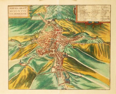 Map of Perugia from Civitates Orbis Terrarum by Georg Braun by Georg Braun and Hogenberg Franz