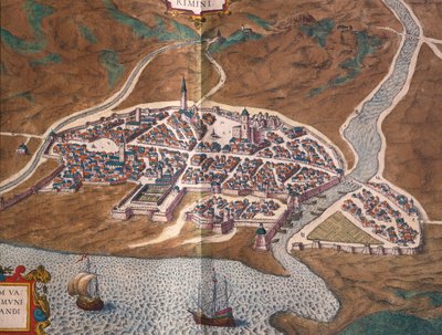 Map of Rimini, colored engraving from Civitates Orbis Terrarum by Georg Braun and Hogenberg Franz