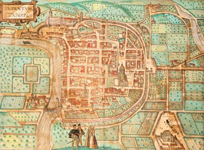 Map of Tridentum, today Trent, by Georg Braun and Franz Hogenberg, colored engraving from Civitates Orbis Terrarum, Italy by Georg Braun and Hogenberg Franz