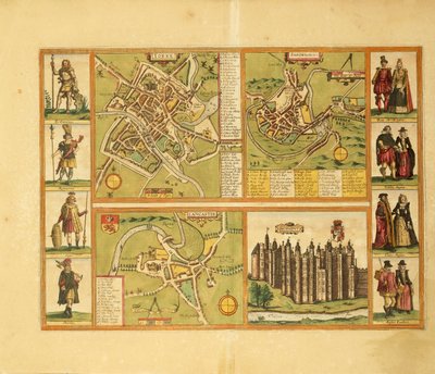 Map of York, Shrewbury, Lancaster and Richmond Castle from Civitates Orbis Terrarum by Georg Braun by Georg Braun and Hogenberg Franz