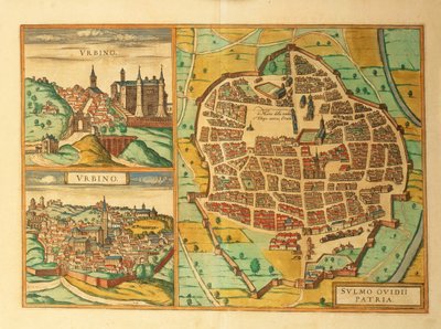 Maps of Urbino and Sulmona, Abruzzo and Marches regions, Italy, from Civitates Orbis Terrarum by Georg Braun by Georg Braun and Hogenberg Franz