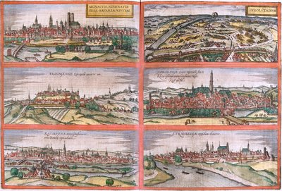 Munich, Ingolstadt, Freising, Nördlingen, Regensburg, Straubing, Germany by Georg and Hogenberg Franz (1535 90) Braun