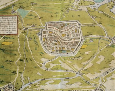 Map of Leiden city and region from Civitates Orbis Terrarum by Georg Braun and Franz Hogenberg, Cologne, engraving by Georg Braun and Hogenberg Franz