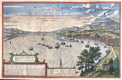 The Detroit of Messina, between Sicily and Calabria, Italy (engraving) by Georg Braun and Hogenberg Franz