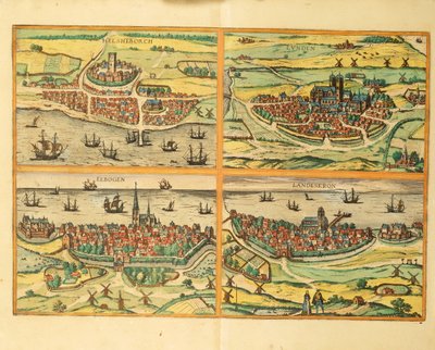 Helsingborg, Lund, Malmo, Elbogen and Landskrona, from Civitates Orbis Terrarum, Cologne by Georg Braun and Hogenberg Franz