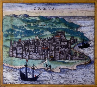 The Iranian island of Ormuz or Hormuz on the route to the Indes after the Atlas Civitates Orbis Terrarum of Braun and Hogenberg by Georg Braun and Hogenberg Franz
