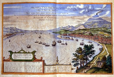 The Strait of Messina - Calabria on the Left, Messina and Etna on the Right in Sicily. Atlas de Braun and Hogenberg by Georg Braun and Hogenberg Franz