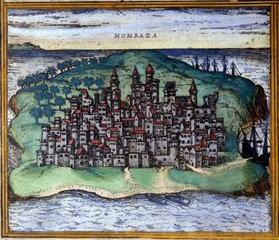 View of Mombasa, Kenya in the 16th century by Georg Braun and Hogenberg Franz