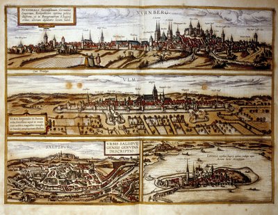 View of the German Cities of Nuremberg and Ulm, Salzburg, Austria. Engraving from the Atlas of 