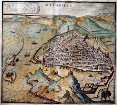 View of the City of Marseille with Street Map. Engraving from the Atlas de Braun and Hogenberg, 1572 by Georg Braun and Hogenberg Franz