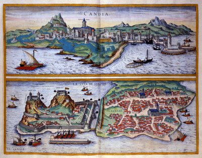 View of the port of Candie (present-day Heraklion) in Crete and the port of Corfu in Greece Engraving by George Braun In 