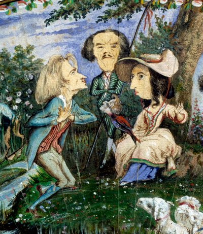 Fan of caricatures painted in gouache by George Sand and Auguste Charpentier: detail depicting George Sand, surrounded by Eugene Delacroix and Franz Liszt by George Sand