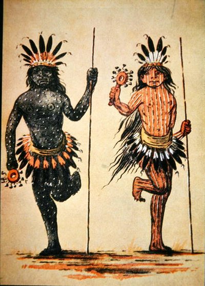 A Mandan tribal dance representing Day & Night, from a painting of c.1835 by George (after) Catlin