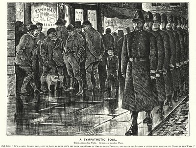 Punch cartoon: A Sympathetic Soul - policing the London slums by George (after) Du Maurier