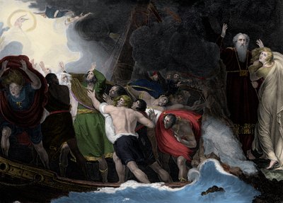 Prospero and Miranda, right, standing on the island as the sailors are shipwrecked by George (after) Romney