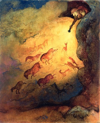 Mr Punch as a cave explorer giving the animals in Lascaux a fright, unpublished commission by Punch, 1968 by George Adamson