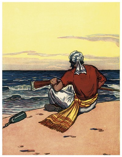 A pirate abandons on a deserted island looks at the horizon line (Illustration from 