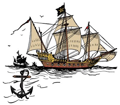 A pirate ship off Turtle Island in the Caribbean Sea - Illustration from 