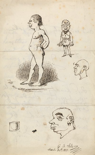 Sketches: Nude Man, Standing Man, Two Profiles, and Box by George Augustus Sala