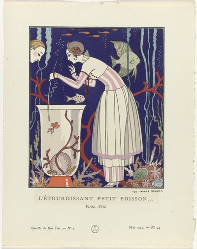 Gazette du Bon Ton, 1914 - No. 5, Pl. 44: The Dazzling Little Fish / Summer Dress by George Barbier