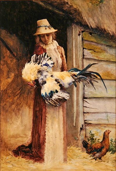 A Woman holding a Cockerel by George Carline