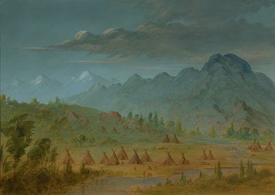 A Crow Village and the Salmon River Mountains by George Catlin