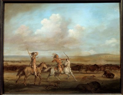 American Indians on Horseback Hunting the Bison by George Catlin