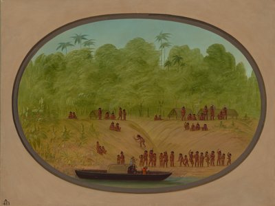 An Omagua Village - Boat Sketch by George Catlin