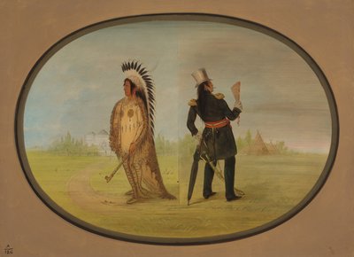 Assinneboine Chief before and after Civilization by George Catlin