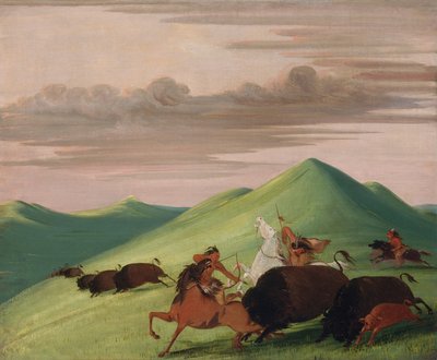 Buffalo Chase, Bull Protecting a Cow and Calf by George Catlin