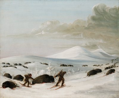 Buffalo Chase in Snowdrifts, Indians Pursuing on Snowshoes by George Catlin