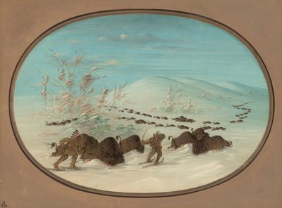 Buffalo Chase in the Snow Drifts - Ojibbeway by George Catlin