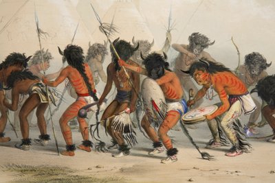 Buffalo Dance (detail), pub. 1845 colour lithograph by George Catlin