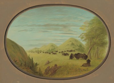 Catlin and Two Companions Shooting Buffalo by George Catlin