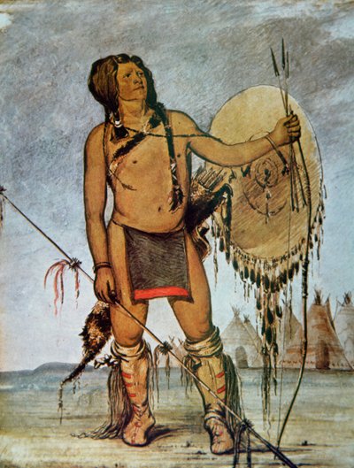 Comanche warrior with a shield, lance and bow and arrows, c.1835 by George Catlin