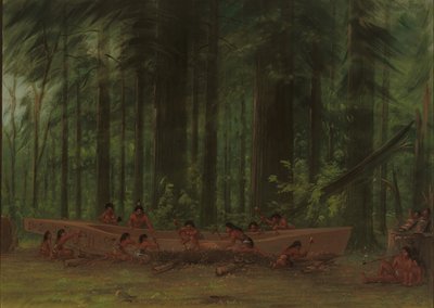 Excavating a Canoe - Nayas Indians by George Catlin