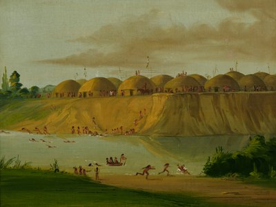 Hidatsa Village, Earth-covered Lodges, on the Knife River, 1810 Miles above St. Louis, 1832 by George Catlin
