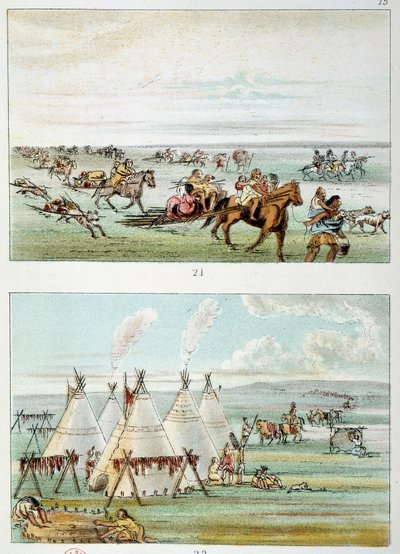 Indians of America: (top) tribe moving with skins for sale. (Bottom) tribe of 500 to 600 tipi. Illustration by George Catlin by George Catlin